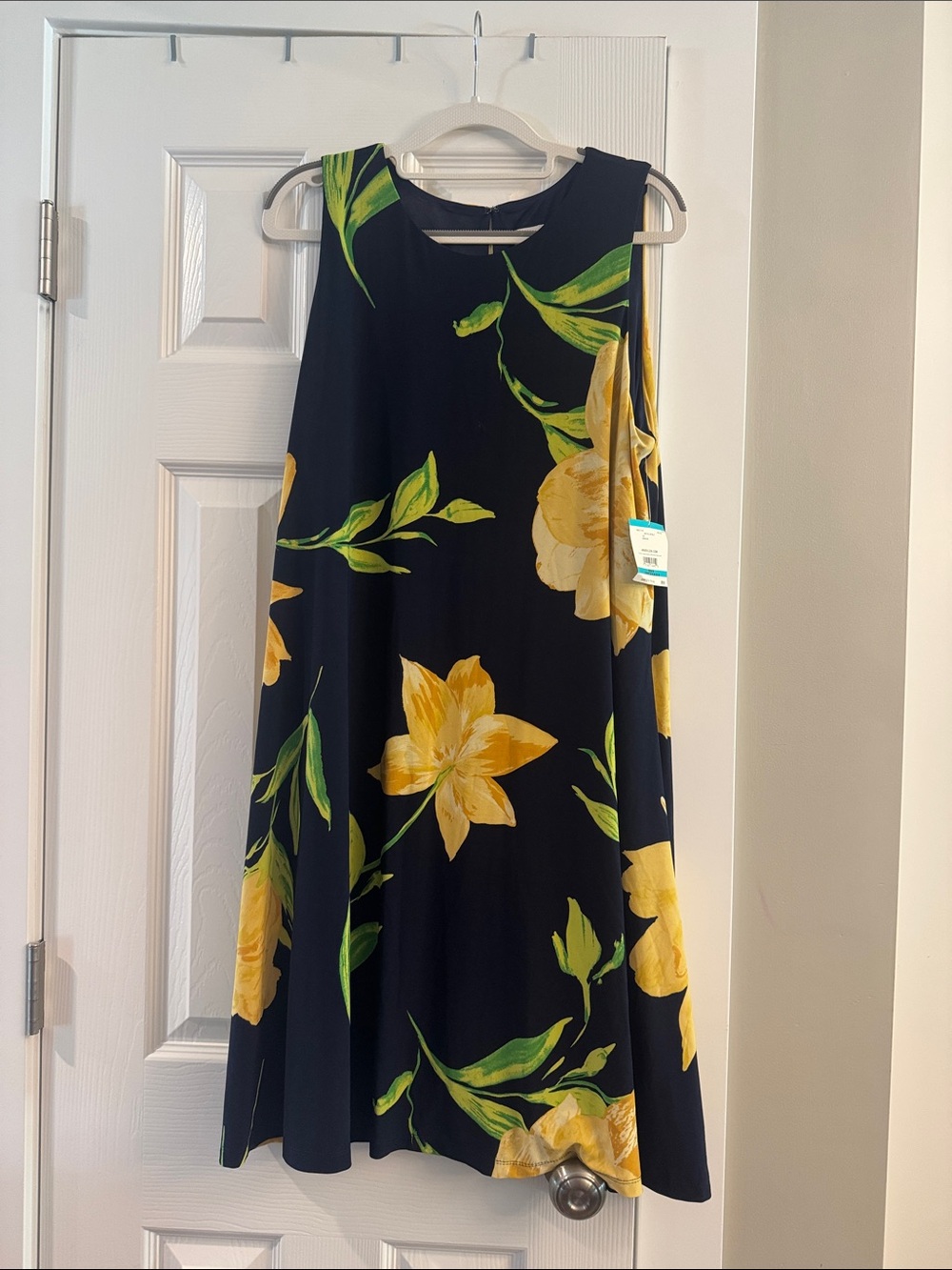 Dark Navy Floral A-Line Sleeveless Dress with Yellow Blossoms